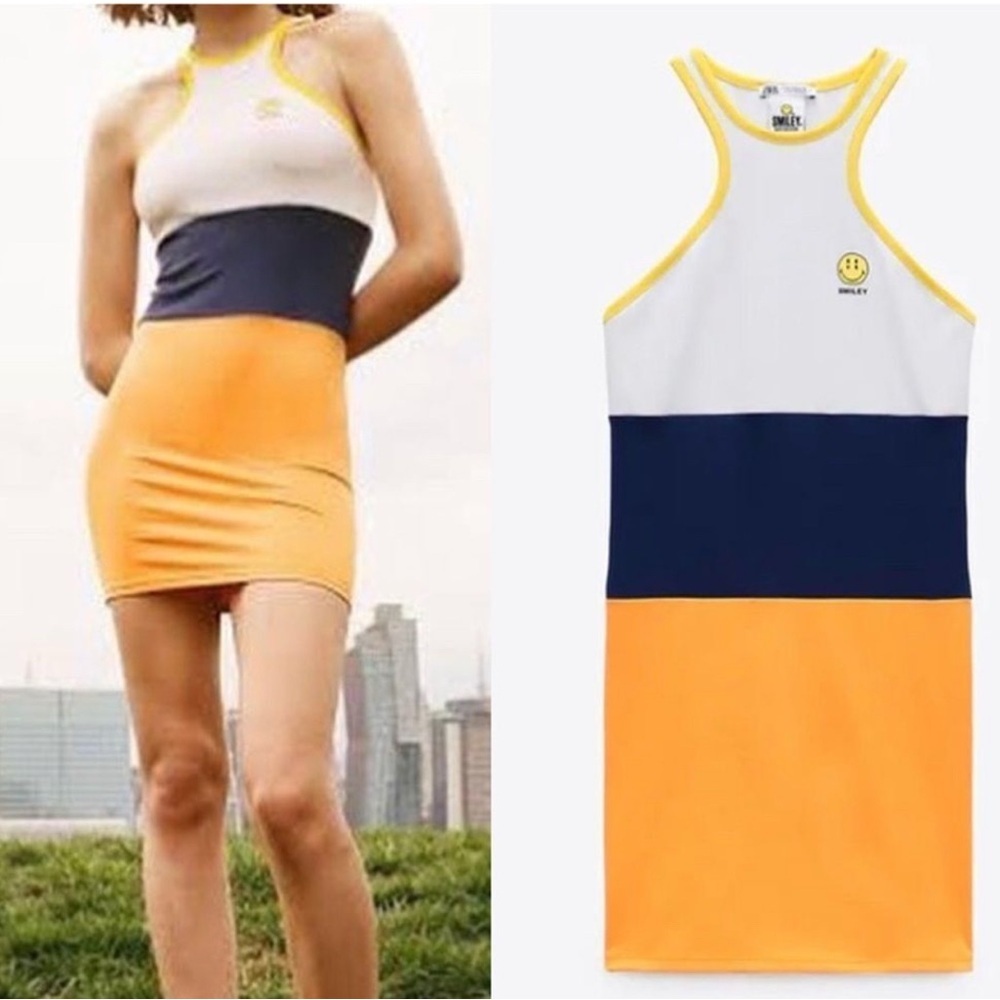 Zara x Smiley Colorblock Mini Dress White, Blue, Orange Yellow Size Med NWT #252